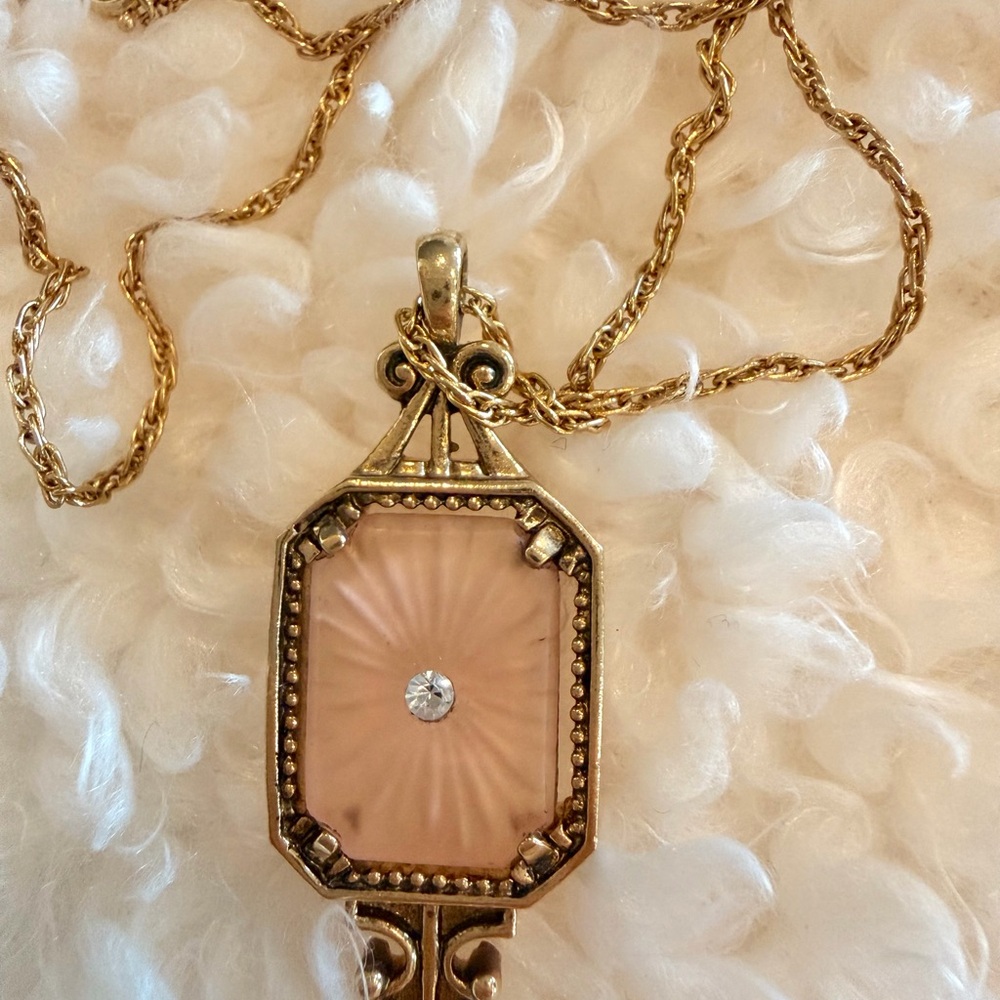 Gold-Tone Pink Glass Pendant Necklace with Clear Crystal Accent